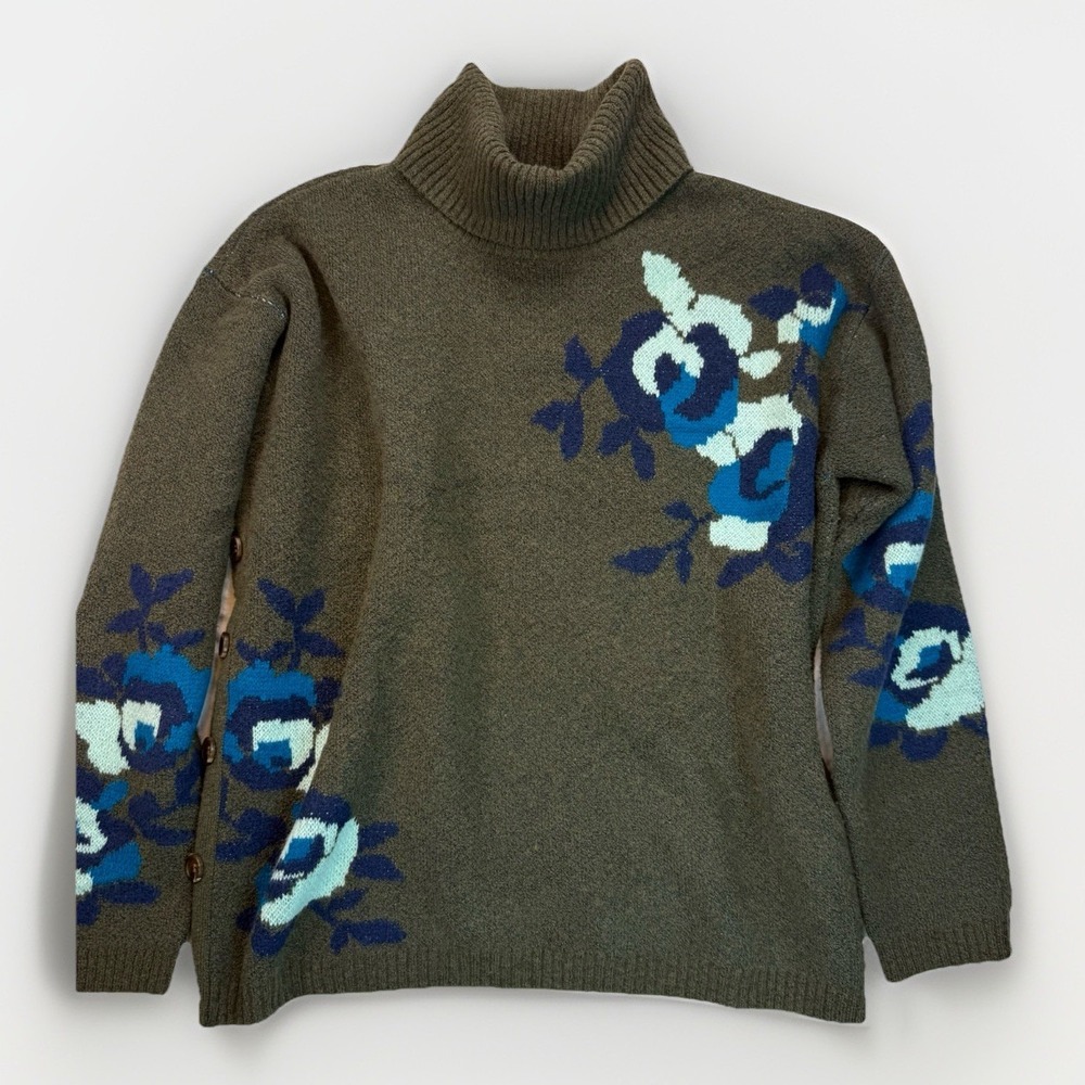 Turtleneck Sweater Womens XL Olive Floral Side‎ Button Cozy Cottage Core